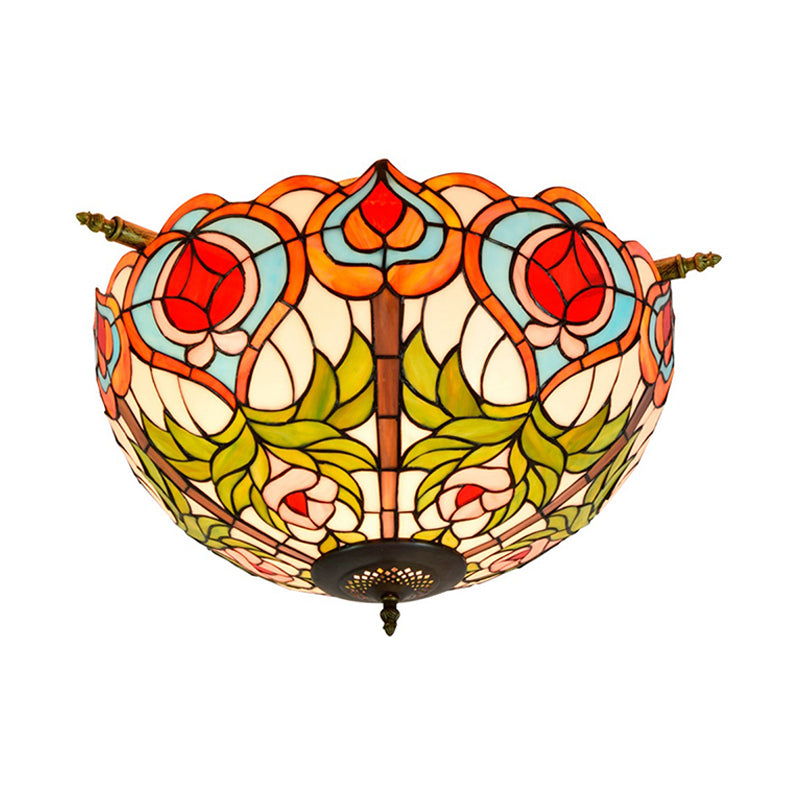 Handcrafted Victorian Blossom Stained Glass Semi Flush Mount Lamp with 5 Bulbs - Brass Ceiling Lighting