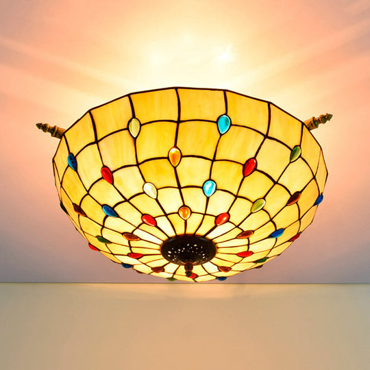 Tiffany Style Handcrafted Art Glass Ceiling Light Fixture - 5 Heads, Semi Flush Mount, Brass Finish - 21.5"/25.5" W