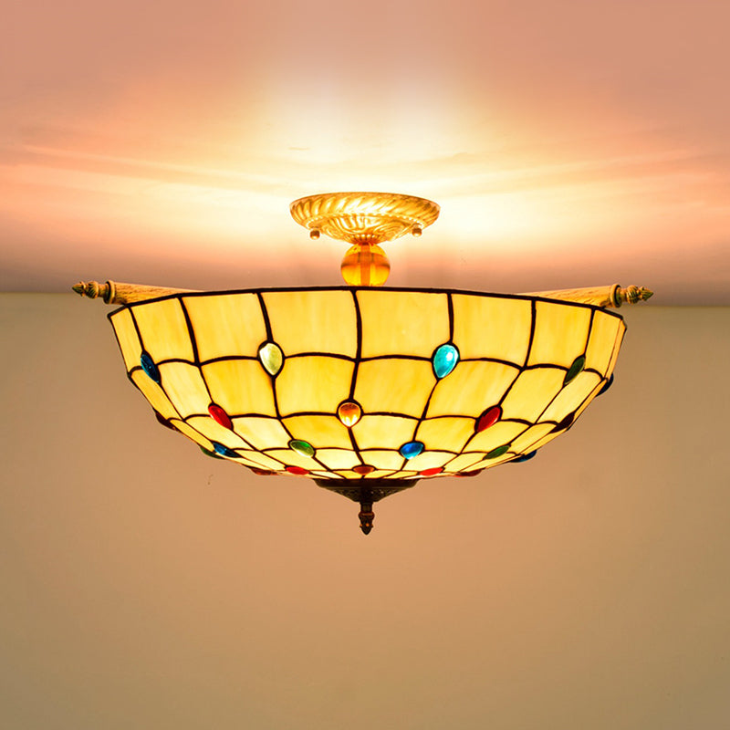 Tiffany Style Handcrafted Art Glass Ceiling Light Fixture - 5 Heads, Semi Flush Mount, Brass Finish - 21.5"/25.5" W