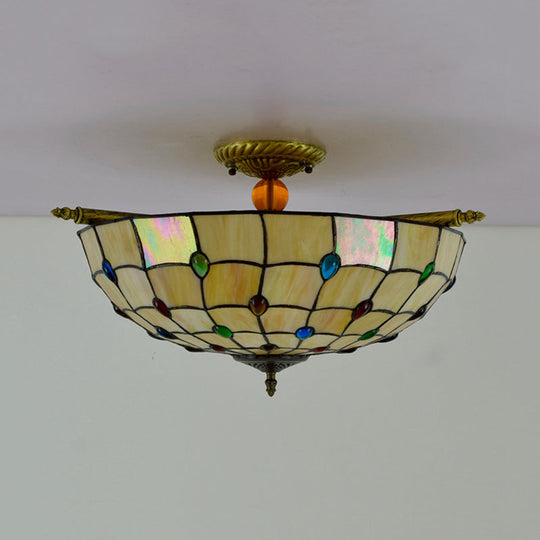 Tiffany Style Handcrafted Art Glass Ceiling Light Fixture - 5 Heads, Semi Flush Mount, Brass Finish - 21.5"/25.5" W