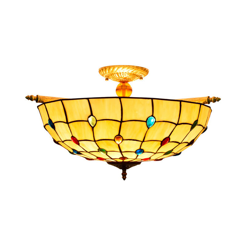 Tiffany Style Handcrafted Art Glass Ceiling Light Fixture - 5 Heads, Semi Flush Mount, Brass Finish - 21.5"/25.5" W