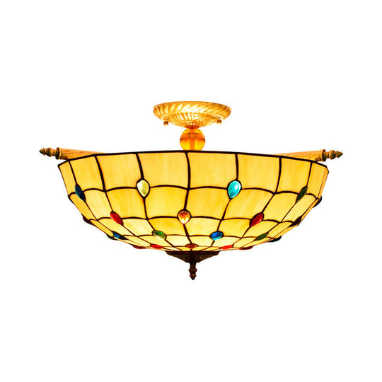 Tiffany Style Handcrafted Art Glass Ceiling Light Fixture - 5 Heads, Semi Flush Mount, Brass Finish - 21.5"/25.5" W