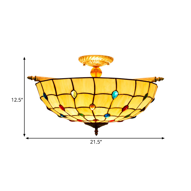 Tiffany Style Handcrafted Art Glass Ceiling Light Fixture - 5 Heads, Semi Flush Mount, Brass Finish - 21.5"/25.5" W