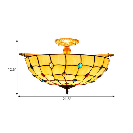 Tiffany Style Handcrafted Art Glass Ceiling Light Fixture - 5 Heads, Semi Flush Mount, Brass Finish - 21.5"/25.5" W