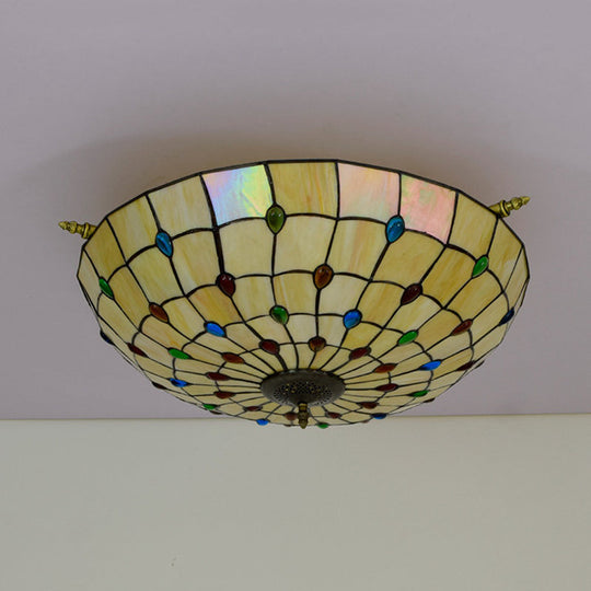 Tiffany Style Handcrafted Art Glass Ceiling Light Fixture - 5 Heads, Semi Flush Mount, Brass Finish - 21.5"/25.5" W