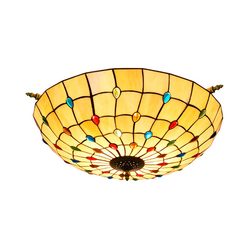 Tiffany Style Handcrafted Art Glass Ceiling Light Fixture - 5 Heads, Semi Flush Mount, Brass Finish - 21.5"/25.5" W