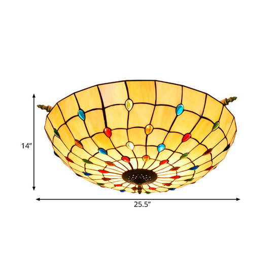 Tiffany Style Handcrafted Art Glass Ceiling Light Fixture - 5 Heads, Semi Flush Mount, Brass Finish - 21.5"/25.5" W