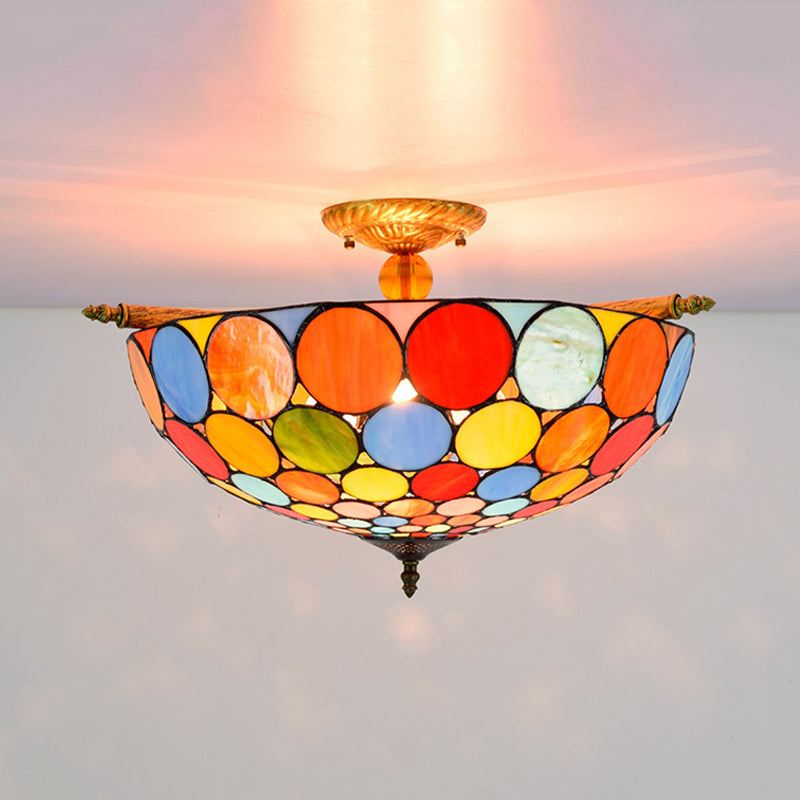 Tiffany-Style Stained Art Glass Semi Flush Mount Lighting - Circle Ceiling 5 Heads Brass Finish