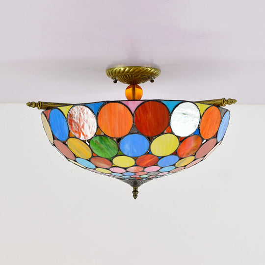 Tiffany-Style Stained Glass Circle Flush Mount Lighting with 5 Brass Heads - 21.5"/25.5" Wide