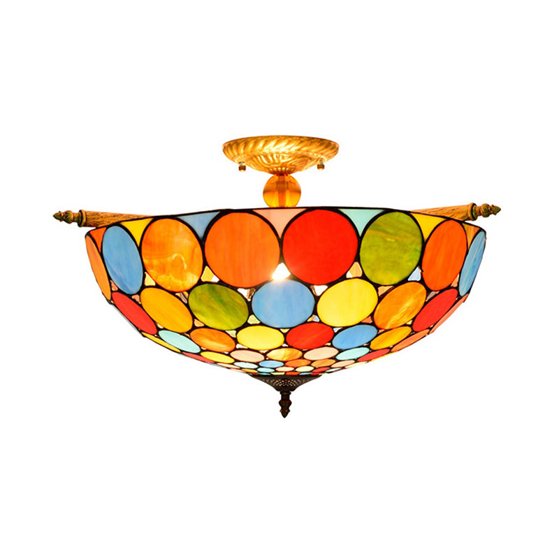 Tiffany-Style Stained Glass Circle Flush Mount Lighting with 5 Brass Heads - 21.5"/25.5" Wide