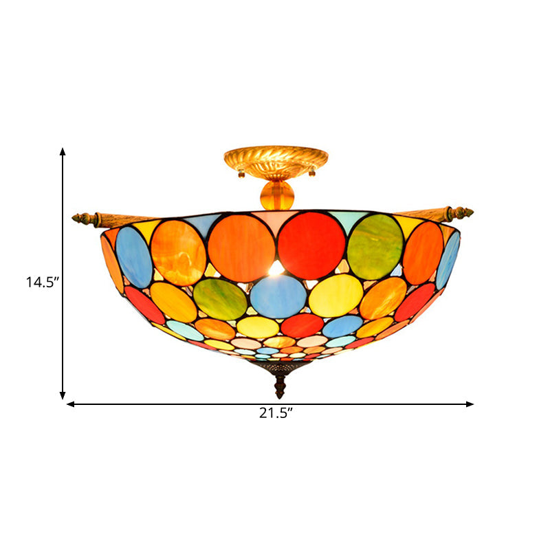 Tiffany-Style Stained Art Glass Semi Flush Mount Lighting - Circle Ceiling 5 Heads Brass Finish