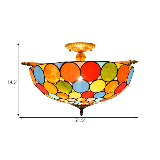 Tiffany-Style Stained Art Glass Semi Flush Mount Lighting - Circle Ceiling 5 Heads Brass Finish