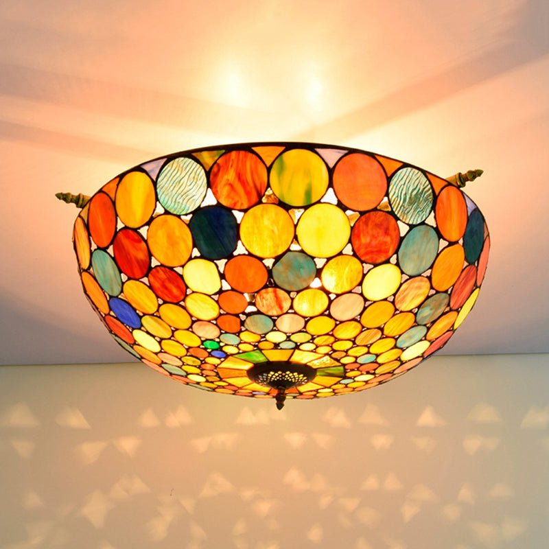 Tiffany-Style Stained Glass Circle Flush Mount Lighting with 5 Brass Heads - 21.5"/25.5" Wide