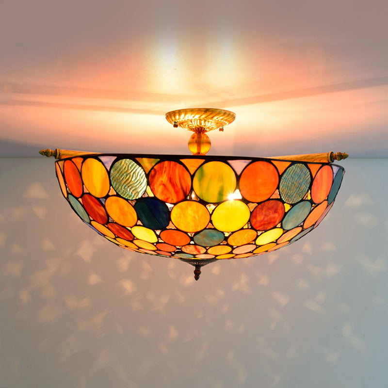 Tiffany-Style Stained Glass Circle Flush Mount Lighting with 5 Brass Heads - 21.5"/25.5" Wide