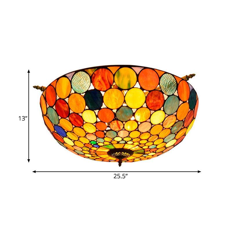 Tiffany-Style Stained Art Glass Semi Flush Mount Lighting - Circle Ceiling 5 Heads Brass Finish