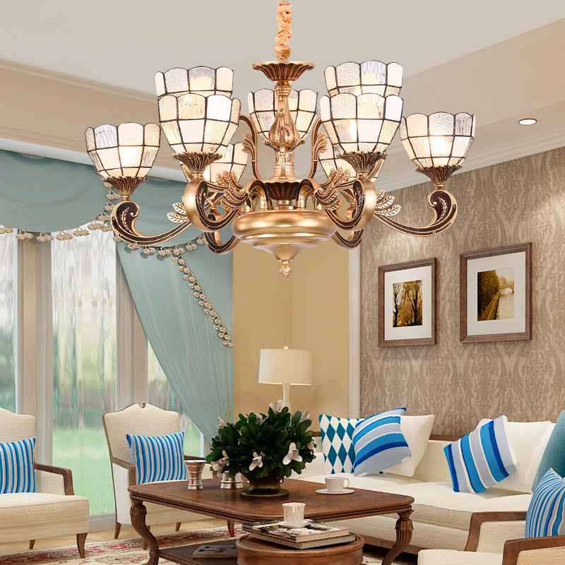 Gold Domed Shade Chandelier - Tiffany 12-Light Fixture With Frosted Glass