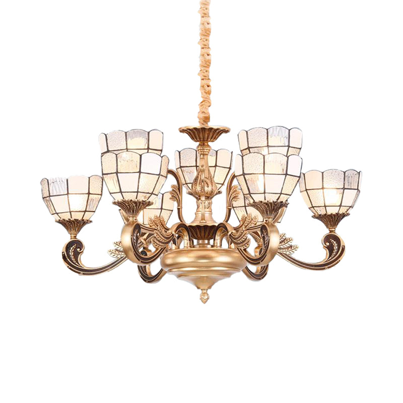 Tiffany Gold Domed Shade Chandelier - 12 Light Frosted Glass Hanging Lamp