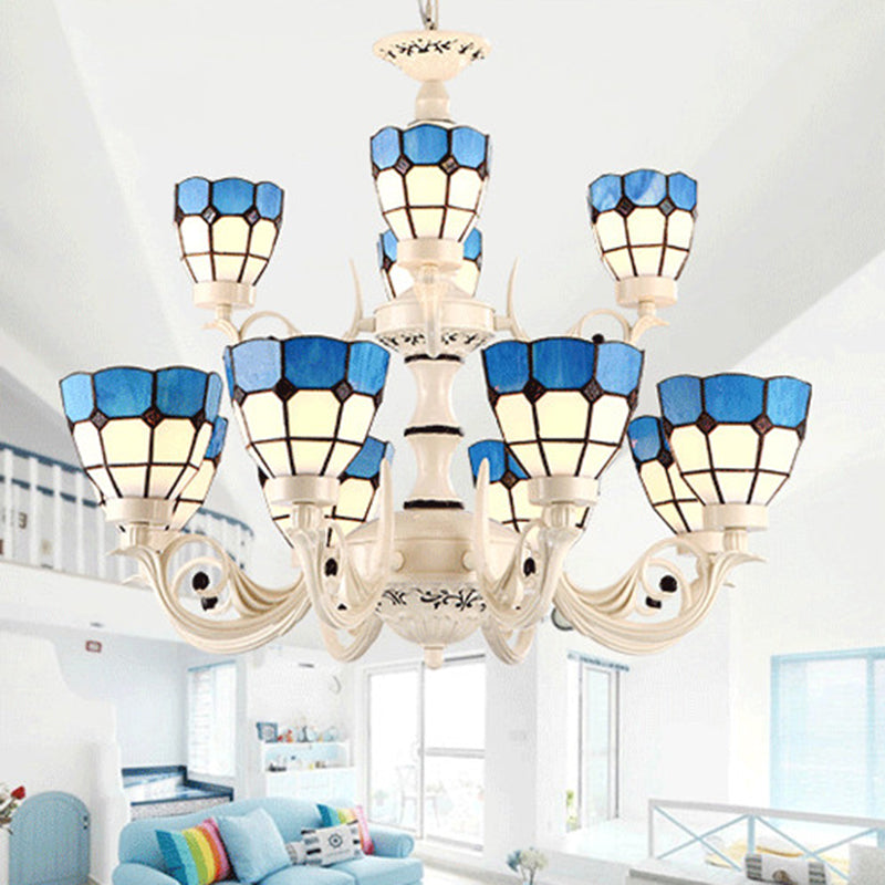 Baroque White Stained Glass Chandelier With Grid Pattern - 12-Light Pendant Lighting Fixture Kit