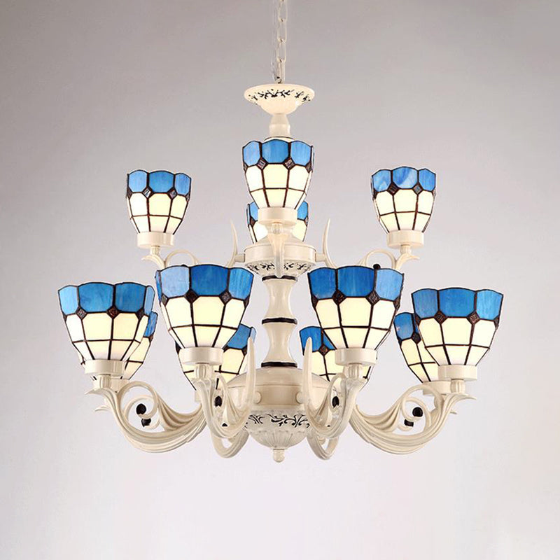 Baroque White Stained Glass Chandelier With Grid Pattern - 12-Light Pendant Lighting Fixture Kit