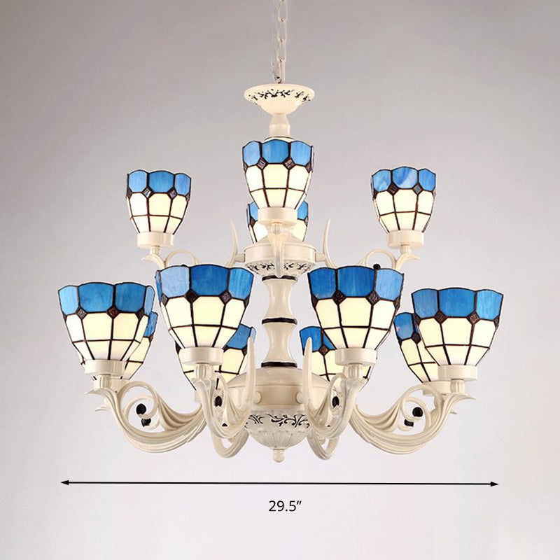 Baroque White Stained Glass Chandelier With Grid Pattern - 12-Light Pendant Lighting Fixture Kit