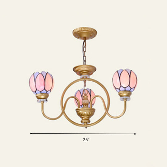 Gold Tiffany Stained Glass Flower Chandelier Pendant Light - 3/5/6 Lights Ceiling Lamp For Living