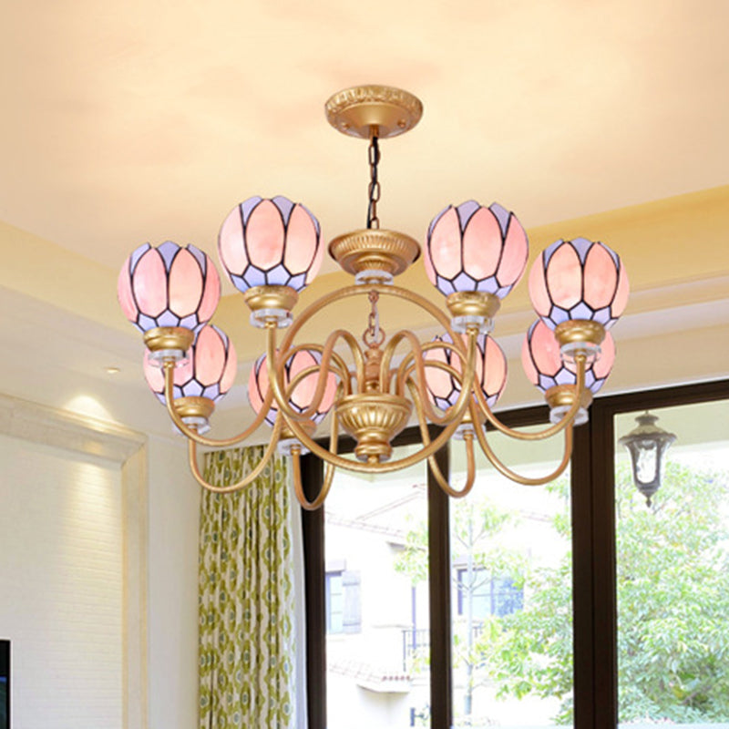 Gold Tiffany Stained Glass Flower Chandelier Pendant Light - 3/5/6 Lights Ceiling Lamp For Living