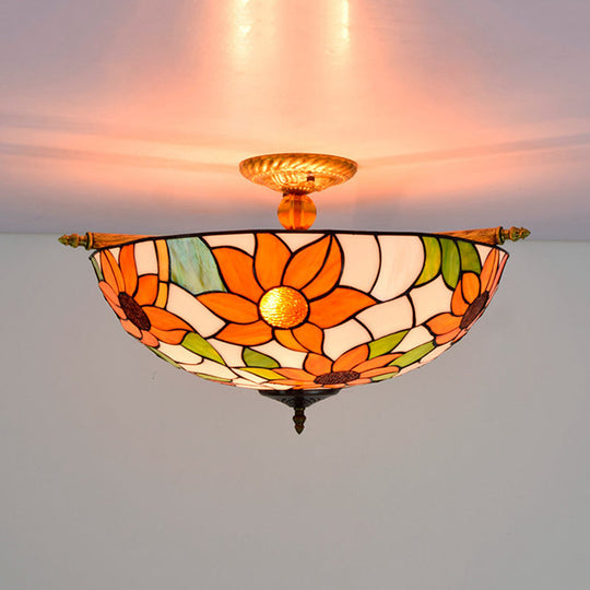 Colorful Stained Glass Flower Ceiling Fixture with 5 Tiffany Style Lights - Pink/Yellow/Blue Semi Flush Mount for Bedroom - Available in 21.5" or 25.5" Width