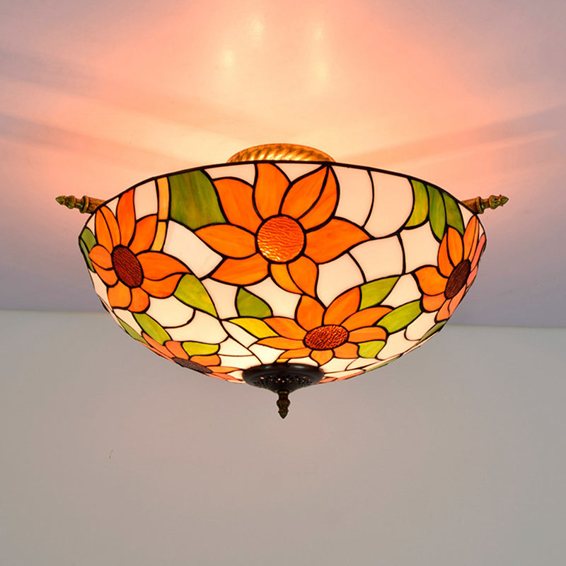 Colorful Stained Glass Flower Ceiling Fixture with 5 Tiffany Style Lights - Pink/Yellow/Blue Semi Flush Mount for Bedroom - Available in 21.5" or 25.5" Width