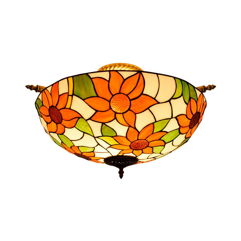 Colorful Stained Glass Flower Ceiling Fixture with 5 Tiffany Style Lights - Pink/Yellow/Blue Semi Flush Mount for Bedroom - Available in 21.5" or 25.5" Width