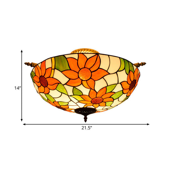 Colorful Stained Glass Flower Ceiling Fixture with 5 Tiffany Style Lights - Pink/Yellow/Blue Semi Flush Mount for Bedroom - Available in 21.5" or 25.5" Width