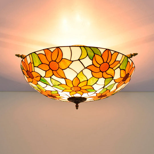 Colorful Stained Glass Flower Ceiling Fixture with 5 Tiffany Style Lights - Pink/Yellow/Blue Semi Flush Mount for Bedroom - Available in 21.5" or 25.5" Width