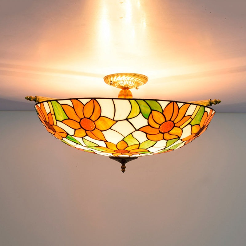 Colorful Stained Glass Flower Ceiling Fixture with 5 Tiffany Style Lights - Pink/Yellow/Blue Semi Flush Mount for Bedroom - Available in 21.5" or 25.5" Width