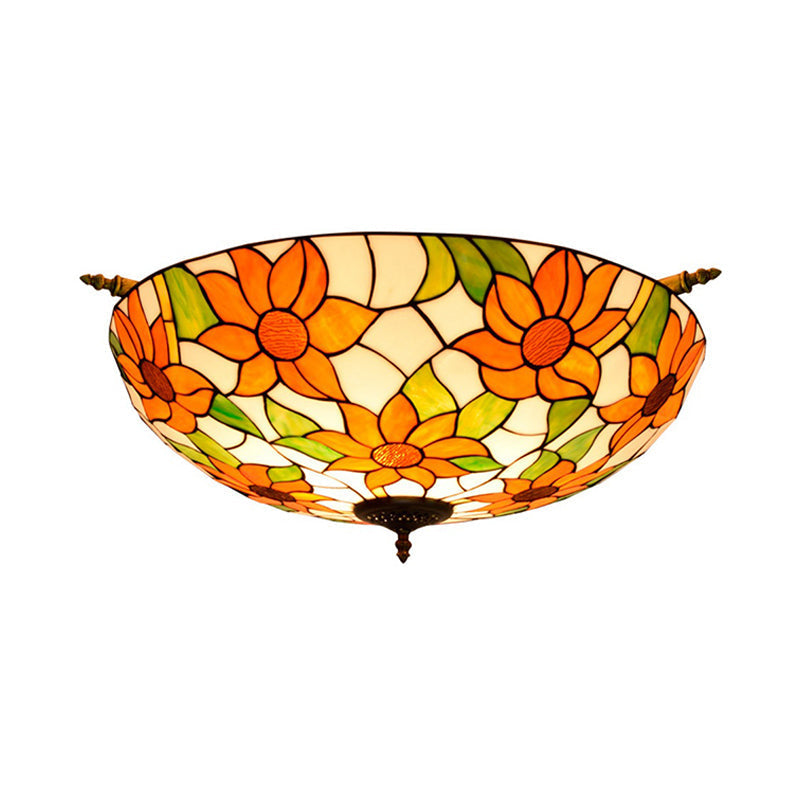 Colorful Stained Glass Flower Ceiling Fixture with 5 Tiffany Style Lights - Pink/Yellow/Blue Semi Flush Mount for Bedroom - Available in 21.5" or 25.5" Width