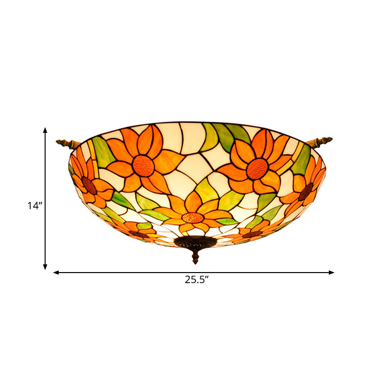 Colorful Stained Glass Flower Ceiling Fixture with 5 Tiffany Style Lights - Pink/Yellow/Blue Semi Flush Mount for Bedroom - Available in 21.5" or 25.5" Width