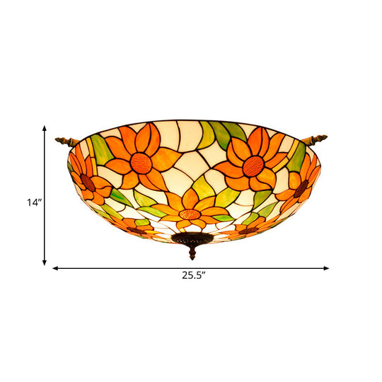 Colorful Stained Glass Flower Ceiling Fixture with 5 Tiffany Style Lights - Pink/Yellow/Blue Semi Flush Mount for Bedroom - Available in 21.5" or 25.5" Width