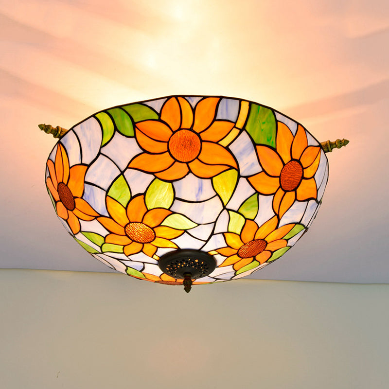 Colorful Stained Glass Flower Ceiling Fixture with 5 Tiffany Style Lights - Pink/Yellow/Blue Semi Flush Mount for Bedroom - Available in 21.5" or 25.5" Width