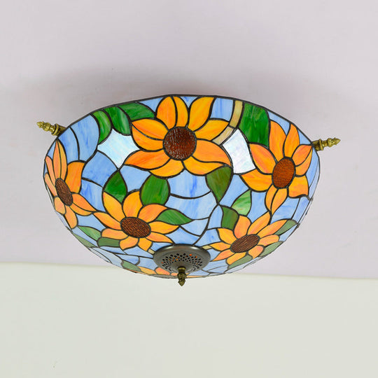 Colorful Stained Glass Flower Ceiling Fixture with 5 Tiffany Style Lights - Pink/Yellow/Blue Semi Flush Mount for Bedroom - Available in 21.5" or 25.5" Width