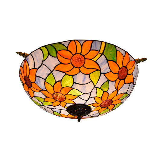 Colorful Stained Glass Flower Ceiling Fixture with 5 Tiffany Style Lights - Pink/Yellow/Blue Semi Flush Mount for Bedroom - Available in 21.5" or 25.5" Width