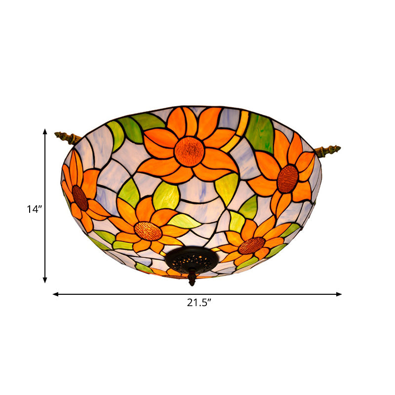 Colorful Stained Glass Flower Ceiling Fixture with 5 Tiffany Style Lights - Pink/Yellow/Blue Semi Flush Mount for Bedroom - Available in 21.5" or 25.5" Width