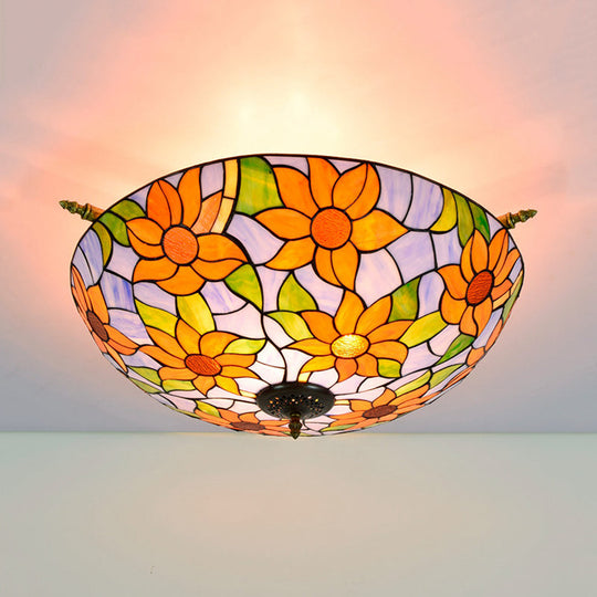 Colorful Stained Glass Flower Ceiling Fixture with 5 Tiffany Style Lights - Pink/Yellow/Blue Semi Flush Mount for Bedroom - Available in 21.5" or 25.5" Width