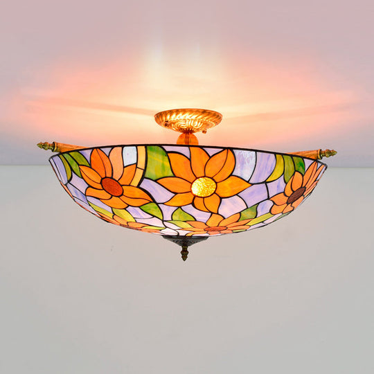 Colorful Stained Glass Flower Ceiling Fixture with 5 Tiffany Style Lights - Pink/Yellow/Blue Semi Flush Mount for Bedroom - Available in 21.5" or 25.5" Width