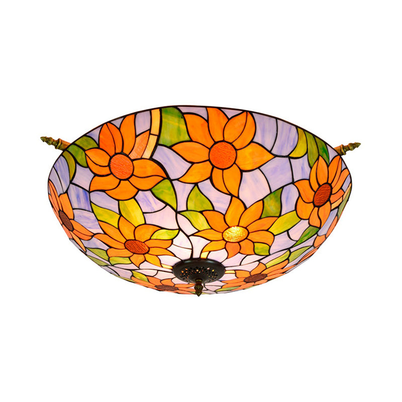 Colorful Stained Glass Flower Ceiling Fixture with 5 Tiffany Style Lights - Pink/Yellow/Blue Semi Flush Mount for Bedroom - Available in 21.5" or 25.5" Width