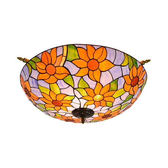 Colorful Stained Glass Flower Ceiling Fixture with 5 Tiffany Style Lights - Pink/Yellow/Blue Semi Flush Mount for Bedroom - Available in 21.5" or 25.5" Width