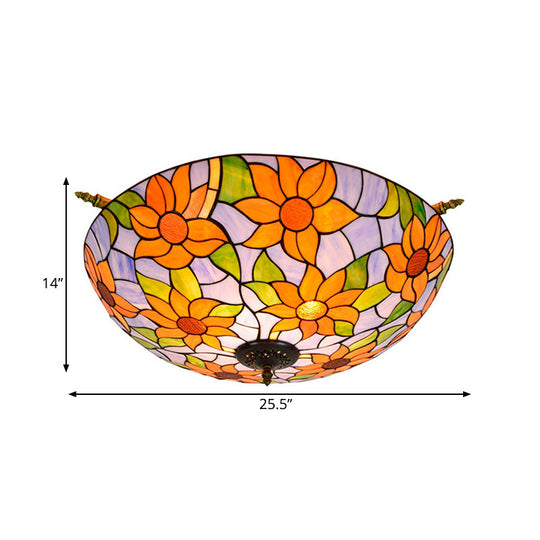 Colorful Stained Glass Flower Ceiling Fixture with 5 Tiffany Style Lights - Pink/Yellow/Blue Semi Flush Mount for Bedroom - Available in 21.5" or 25.5" Width