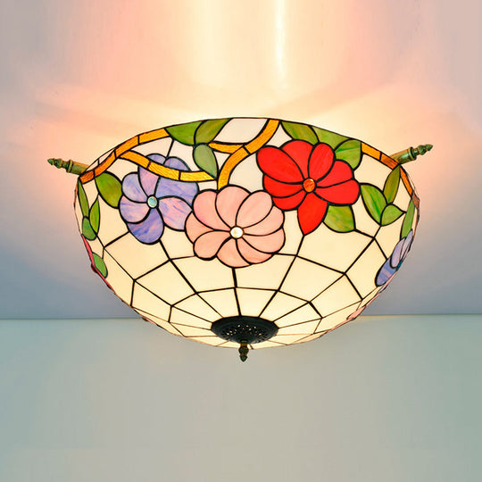 Colorful Stained Glass Flower Ceiling Fixture with 5 Tiffany Style Lights - Pink/Yellow/Blue Semi Flush Mount for Bedroom - Available in 21.5" or 25.5" Width