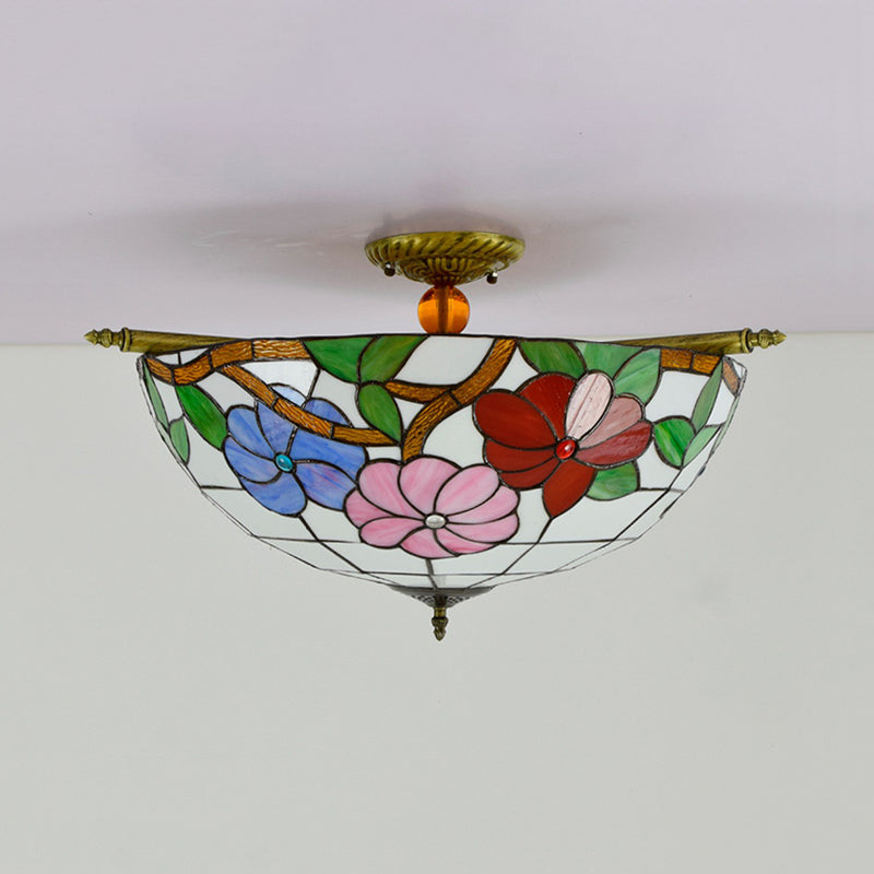 Colorful Stained Glass Flower Ceiling Fixture with 5 Tiffany Style Lights - Pink/Yellow/Blue Semi Flush Mount for Bedroom - Available in 21.5" or 25.5" Width