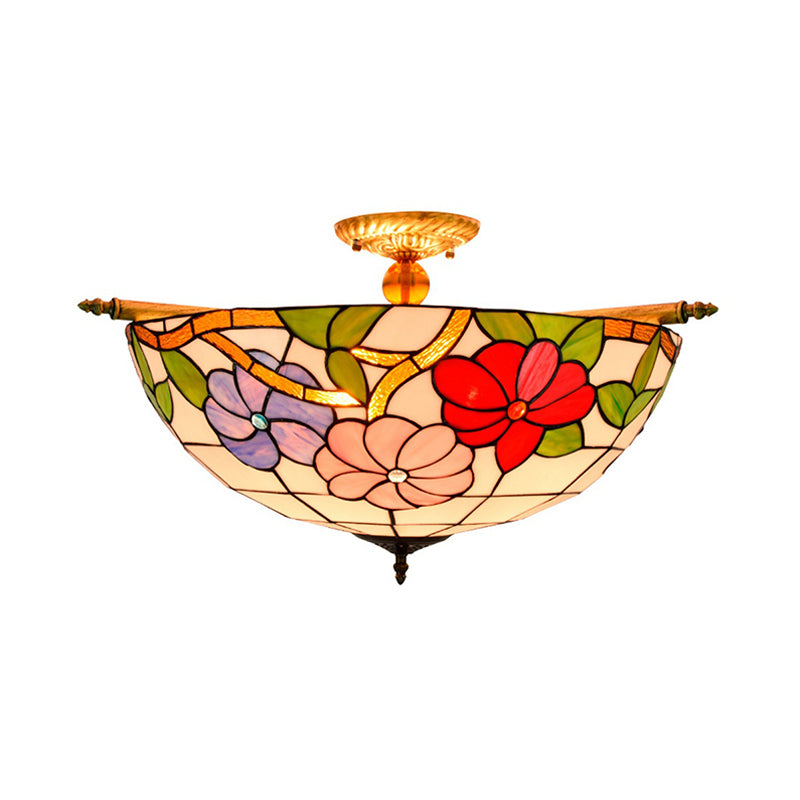 Colorful Stained Glass Flower Ceiling Fixture with 5 Tiffany Style Lights - Pink/Yellow/Blue Semi Flush Mount for Bedroom - Available in 21.5" or 25.5" Width