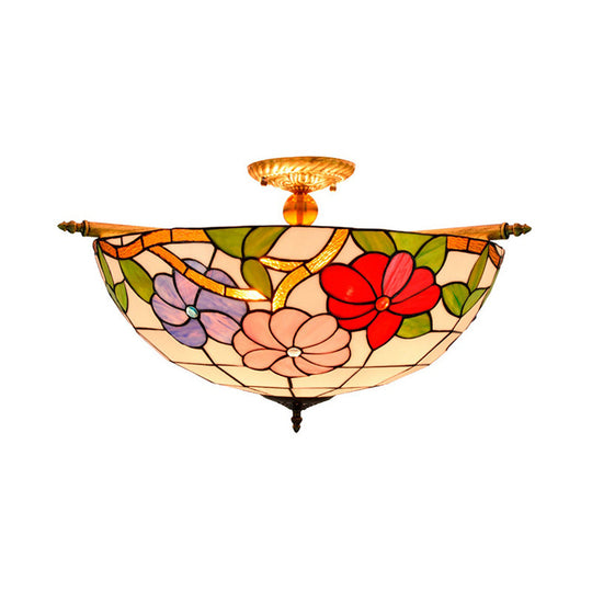 Colorful Stained Glass Flower Ceiling Fixture With 5 Tiffany Style Lights - Pink/Yellow/Blue Semi