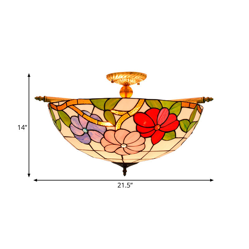 Colorful Stained Glass Flower Ceiling Fixture with 5 Tiffany Style Lights - Pink/Yellow/Blue Semi Flush Mount for Bedroom - Available in 21.5" or 25.5" Width