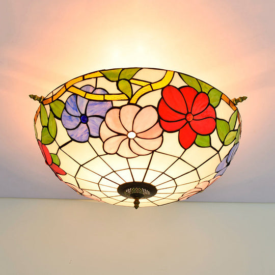 Colorful Stained Glass Flower Ceiling Fixture with 5 Tiffany Style Lights - Pink/Yellow/Blue Semi Flush Mount for Bedroom - Available in 21.5" or 25.5" Width